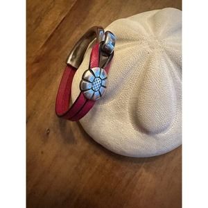 Pink Leather and Metal Bracelet with Metal Hook Clasp and Flower Detail